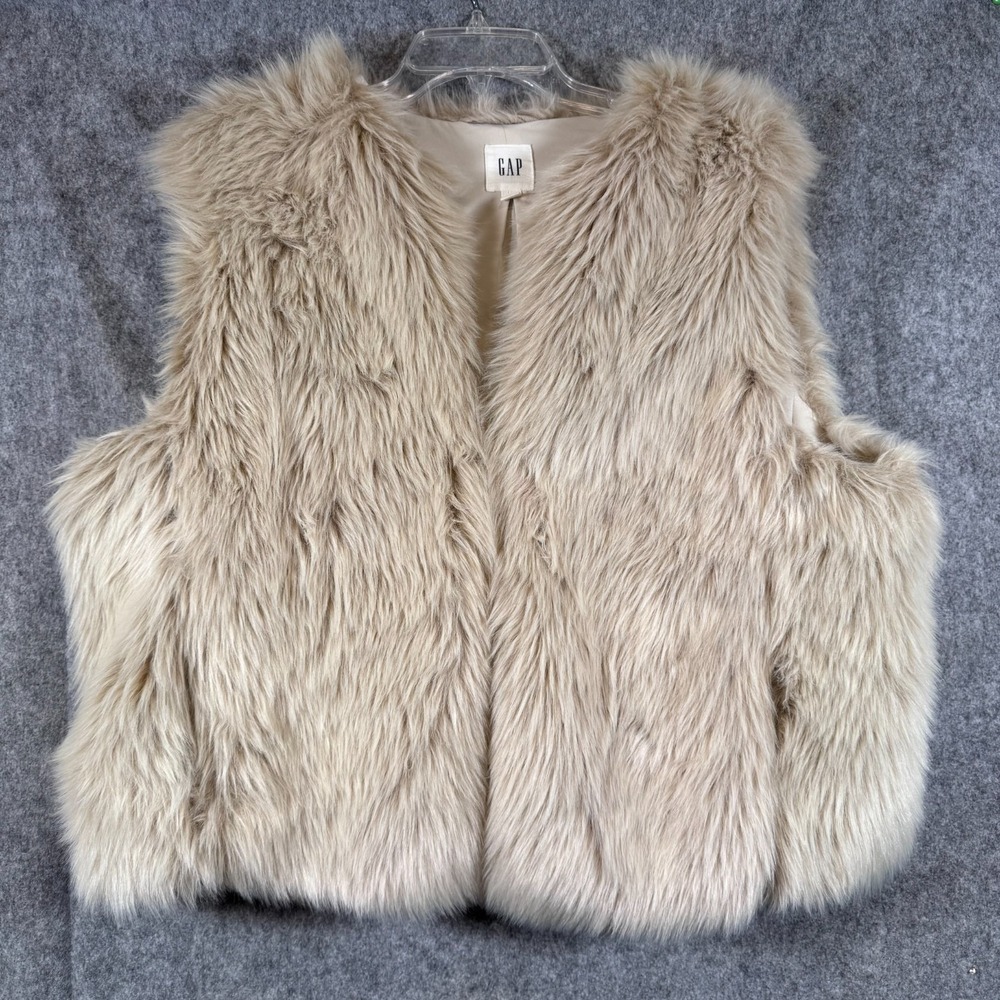 VTG GAP Fuzzy Faux Fur Vest Women XL Beige Aesthetic Glam Y2K Boho Festival